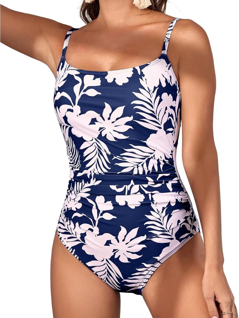 Navy Floral One-Piece Swimsuit with Pink Leaf Print